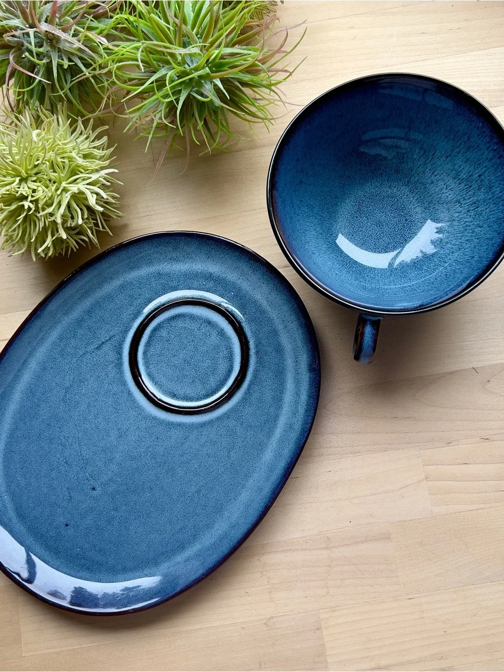 IKEA Gladilig Blue Black Trim Stoneware Glazed Finish BowlCup and Plate Tray Set